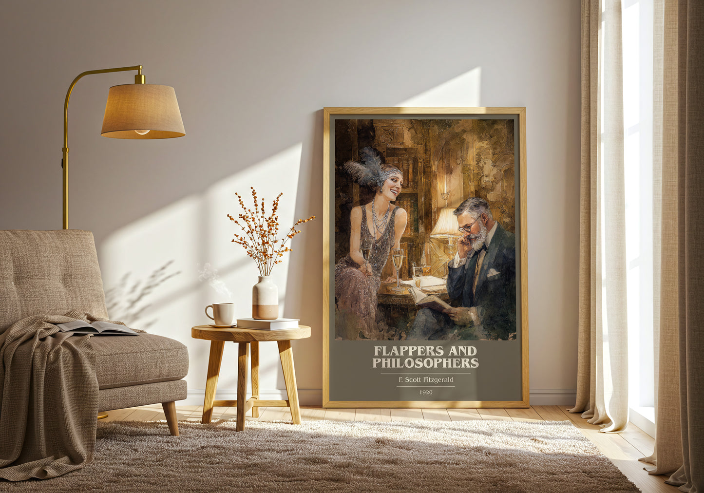 Flappers And Philosophers book cover print framed by window – literary home decor