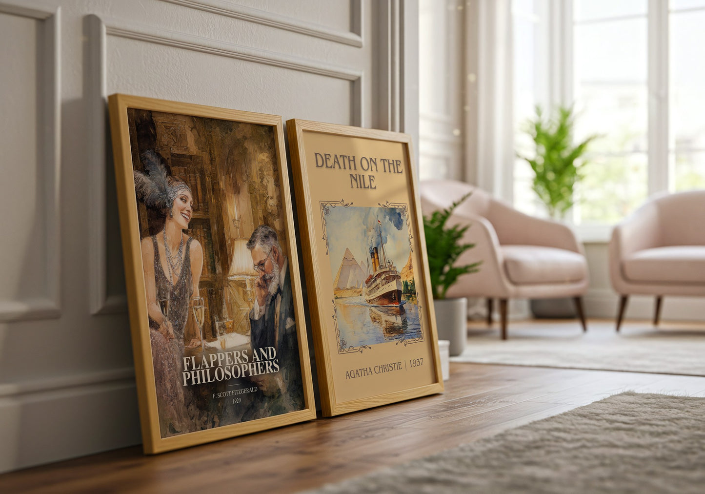 Flappers And Philosophers watercolour print framed by window – literary home decor