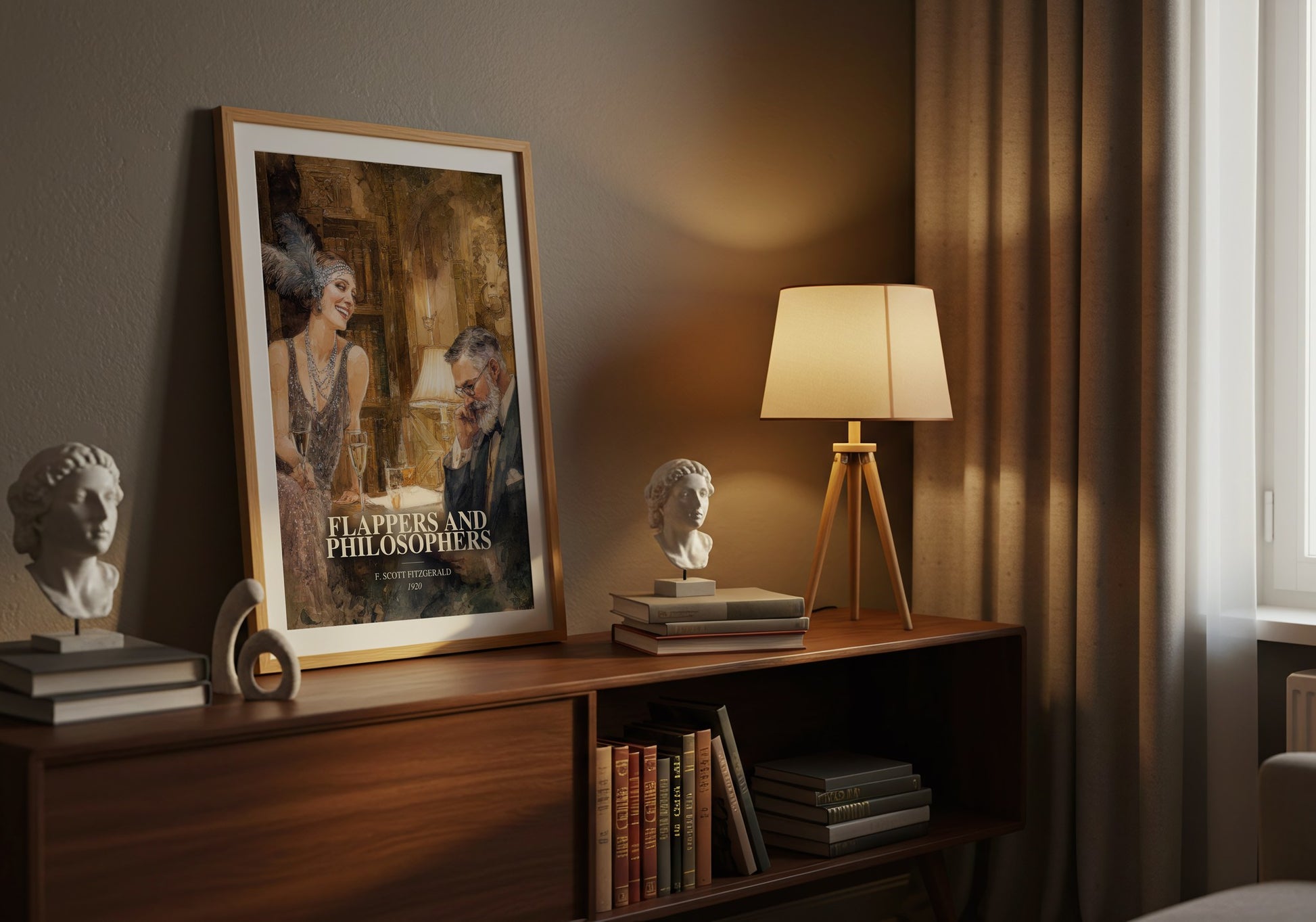 Flappers And Philosophers watercolour print on bookshelf – F. Scott Fitzgerald fan gift