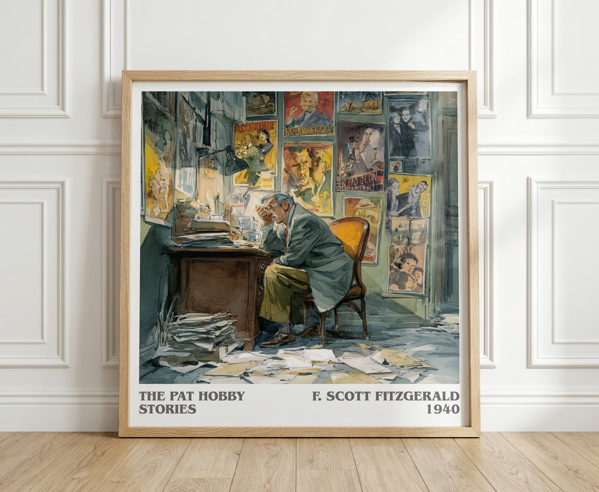 The Pat Hobby Stories literary print in frame leaning in hallway – literary fiction wall art
