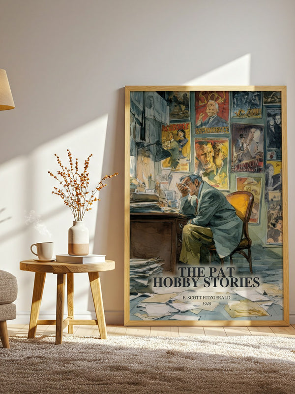 The Pat Hobby Stories watercolour print in frame leaning in hallway – literary fiction wall art