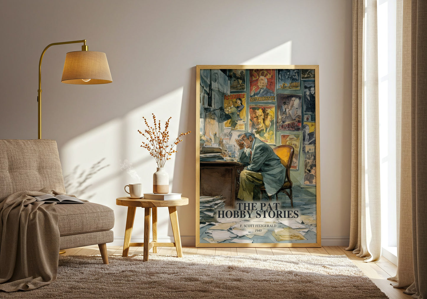 The Pat Hobby Stories watercolour print in frame leaning in hallway – literary fiction wall art