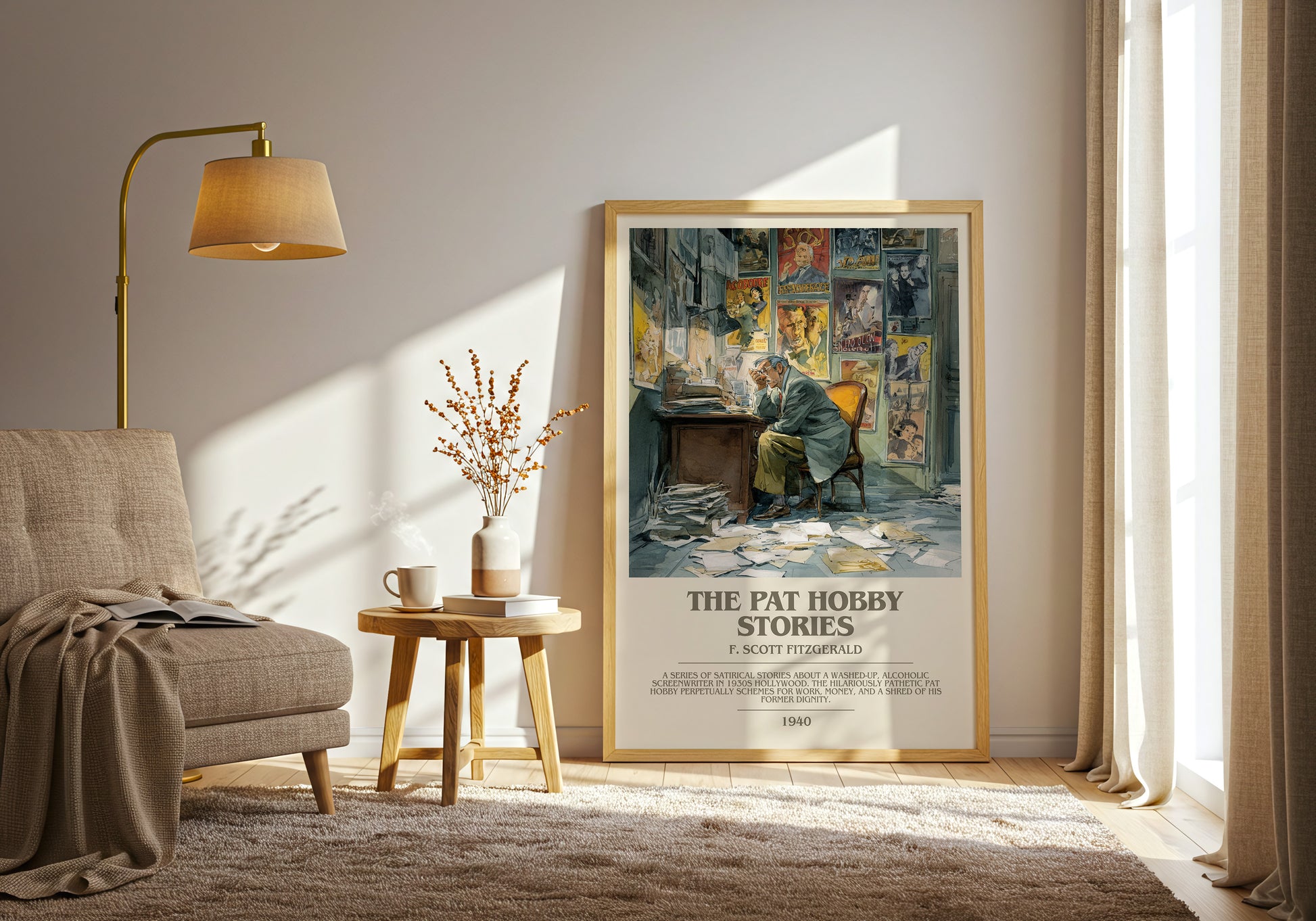 The Pat Hobby Stories bookish print framed by window – literary home decor