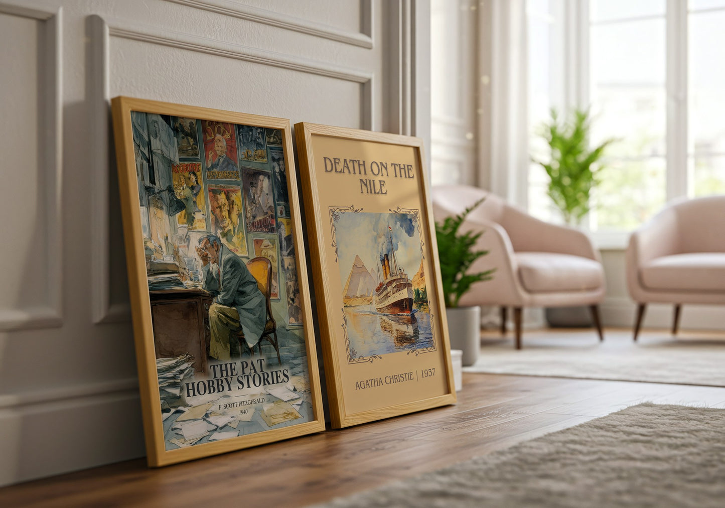 The Pat Hobby Stories watercolour print framed by window – literary home decor