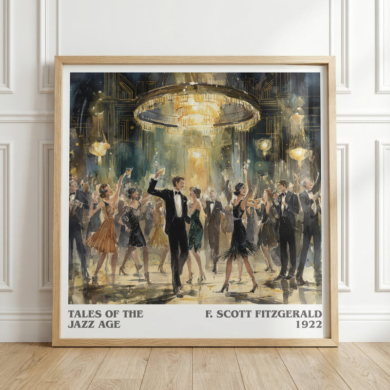 Tales from the Jazz Age literary print in frame leaning in hallway – satire wall art