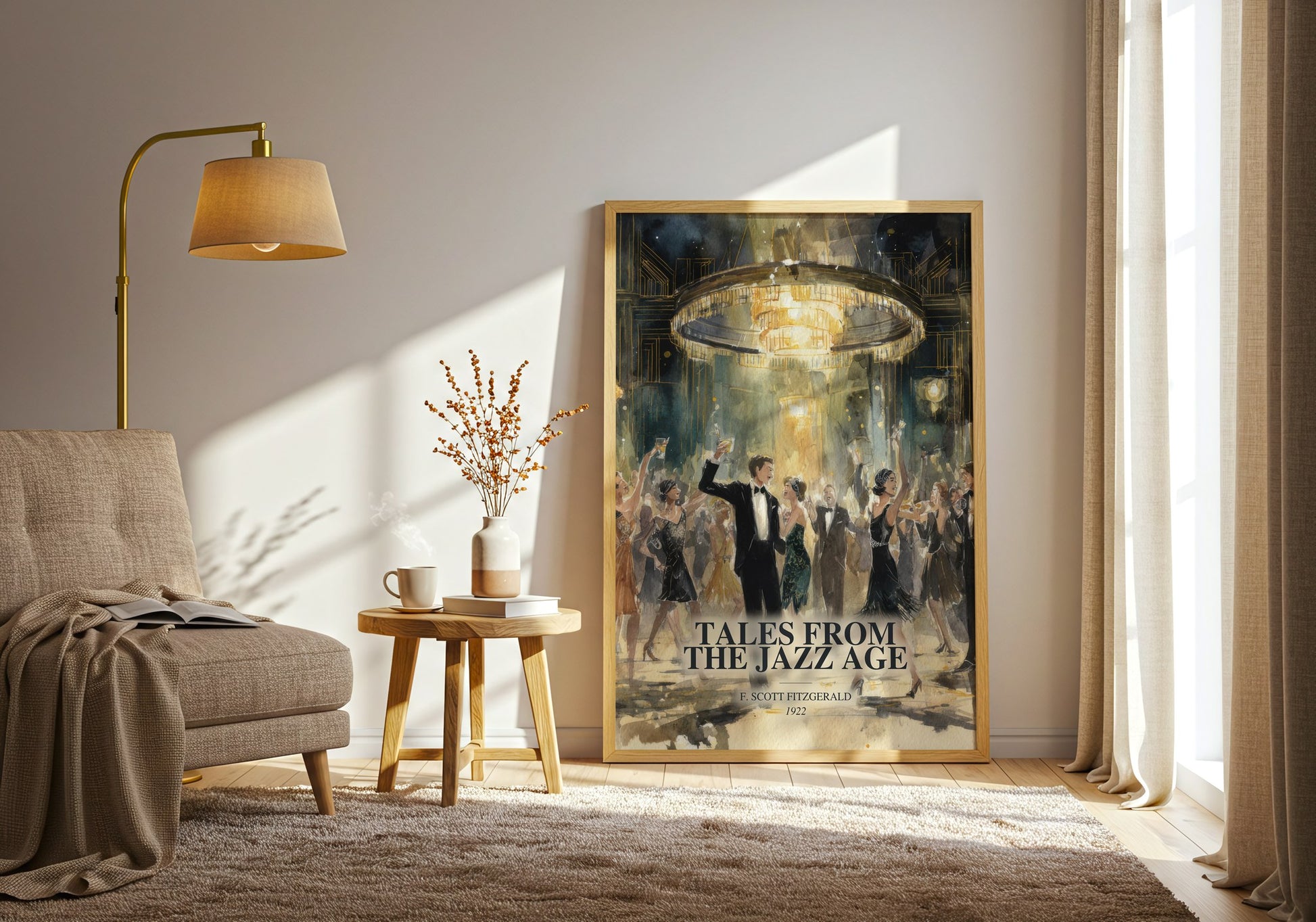 Tales From The Jazz Age watercolour print in frame leaning in hallway – classic literature wall art