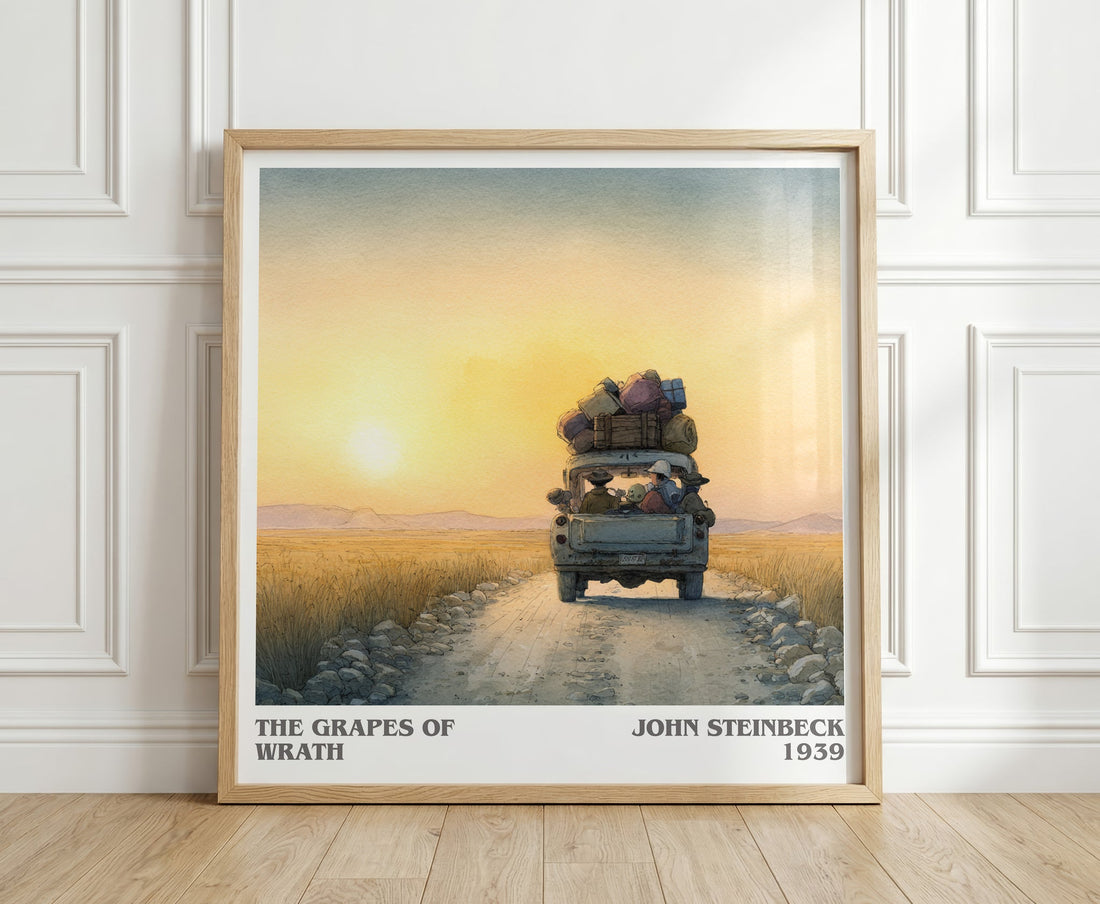 The Grapes of Wrath literary print in frame leaning in hallway – classic literature wall art (mockup)