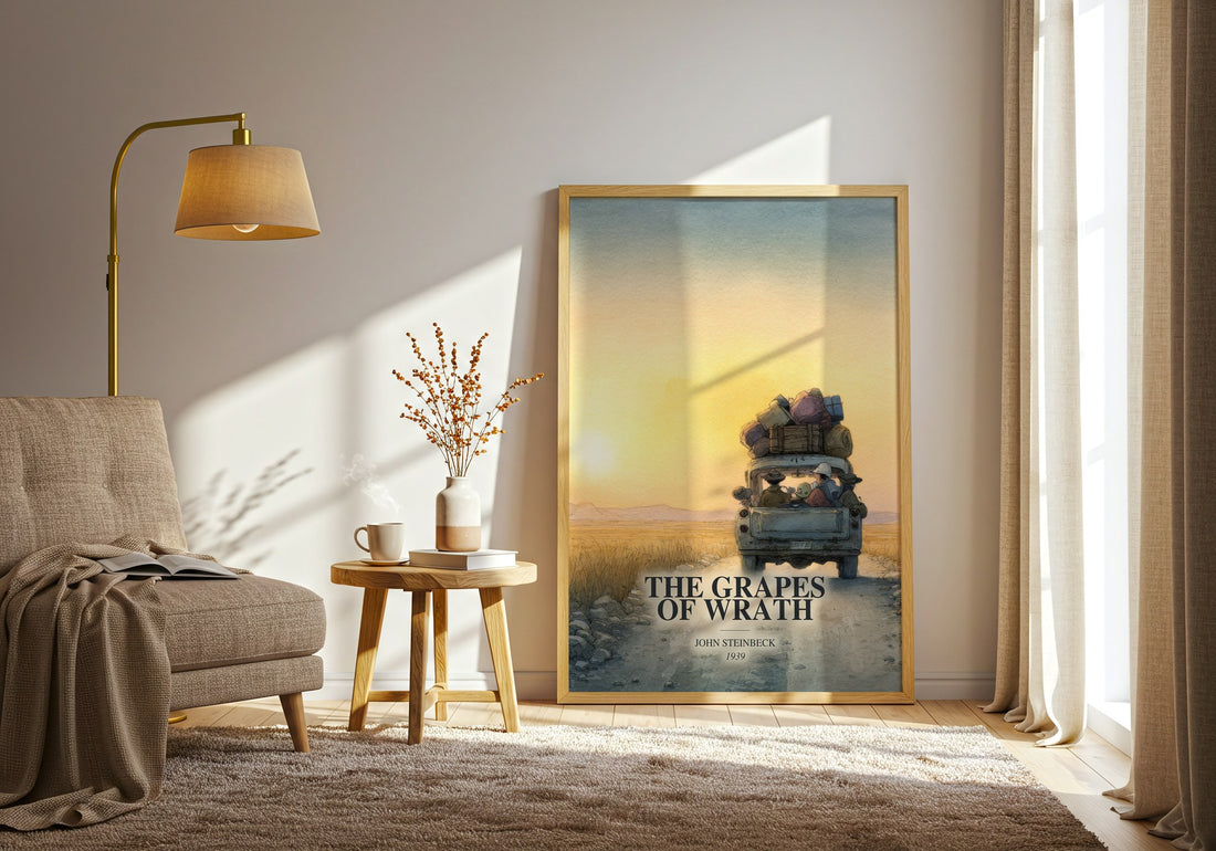 The Grapes Of Wrath watercolour print in frame leaning in hallway – classic literature wall art (mockup)