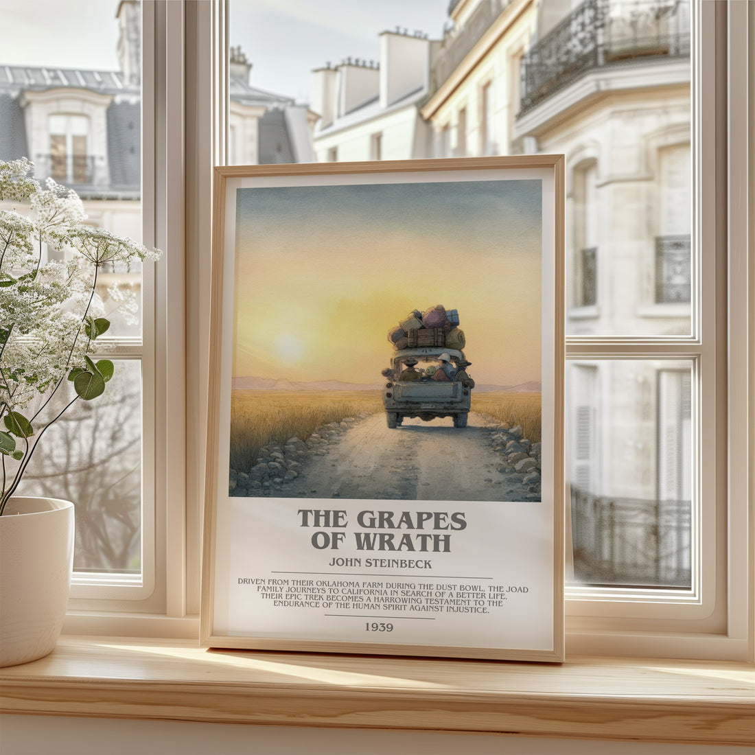 The Grapes of Wrath Bookish Wall Art by John Steinbeck – framed print by a bright window
