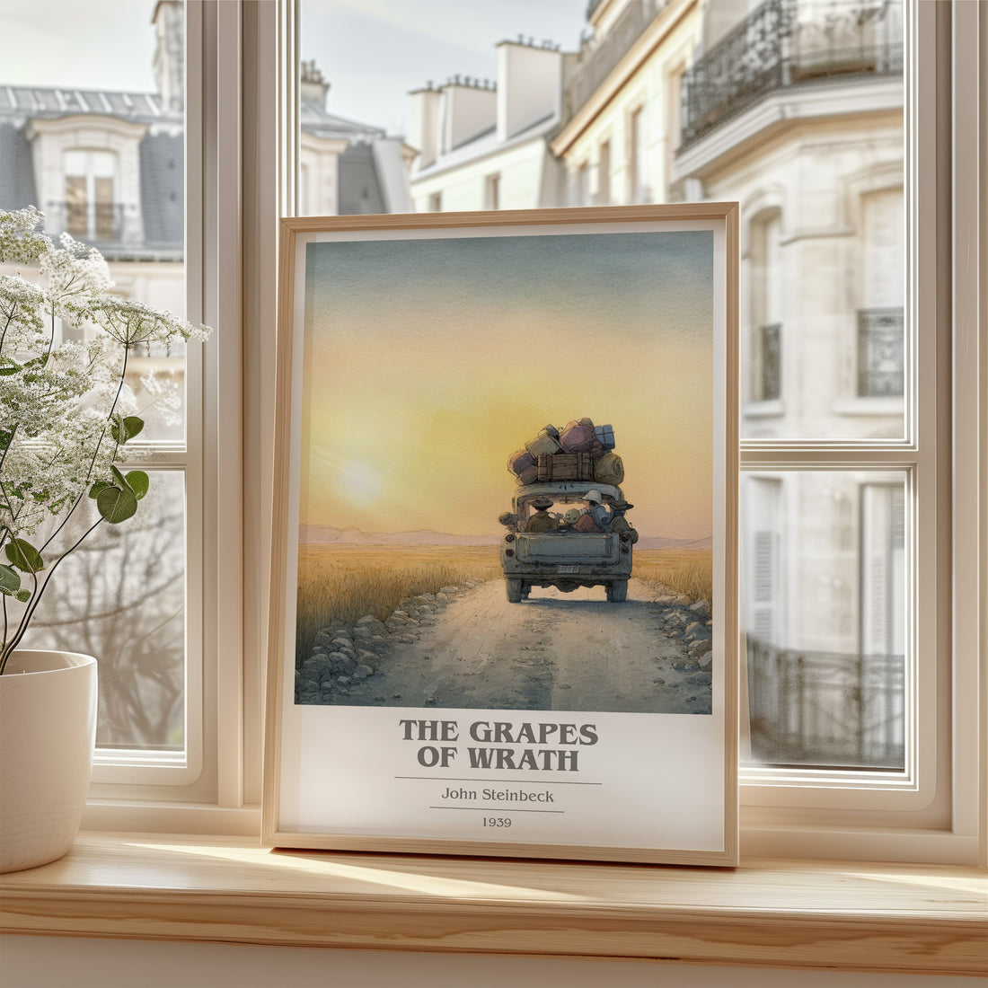The Grapes of Wrath Book Cover Poster by John Steinbeck – framed print by a bright window