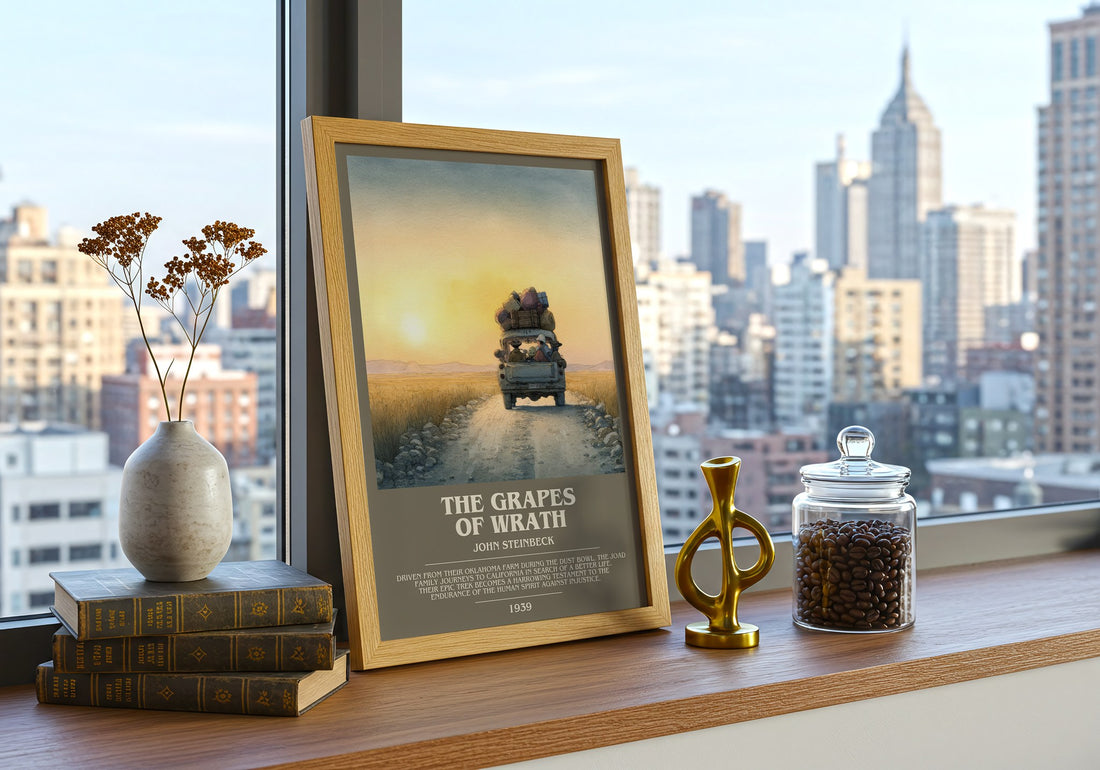 The Grapes of Wrath Bookish Wall Art by John Steinbeck – framed print on a city-view windowsill