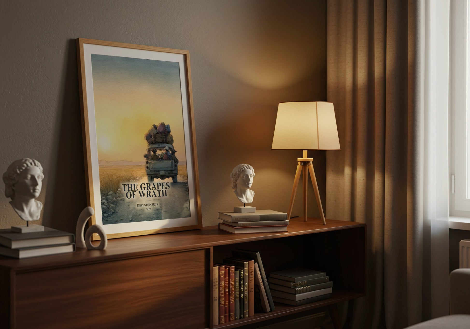 The Grapes Of Wrath watercolour print on bookshelf – John Steinbeck fan gift