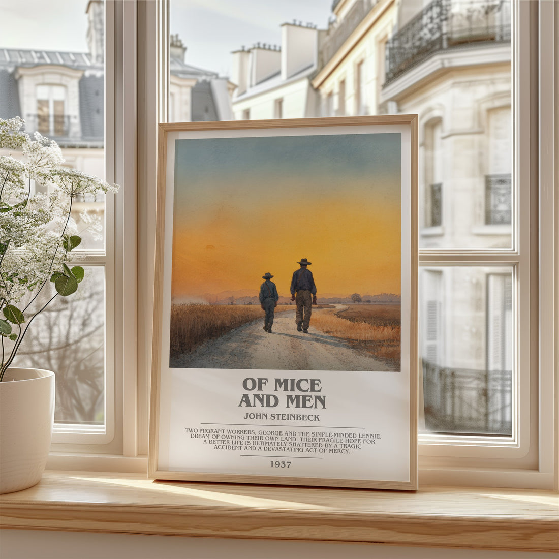 Of Mice and Men Bookish Wall Art by John Steinbeck – framed print by a bright window