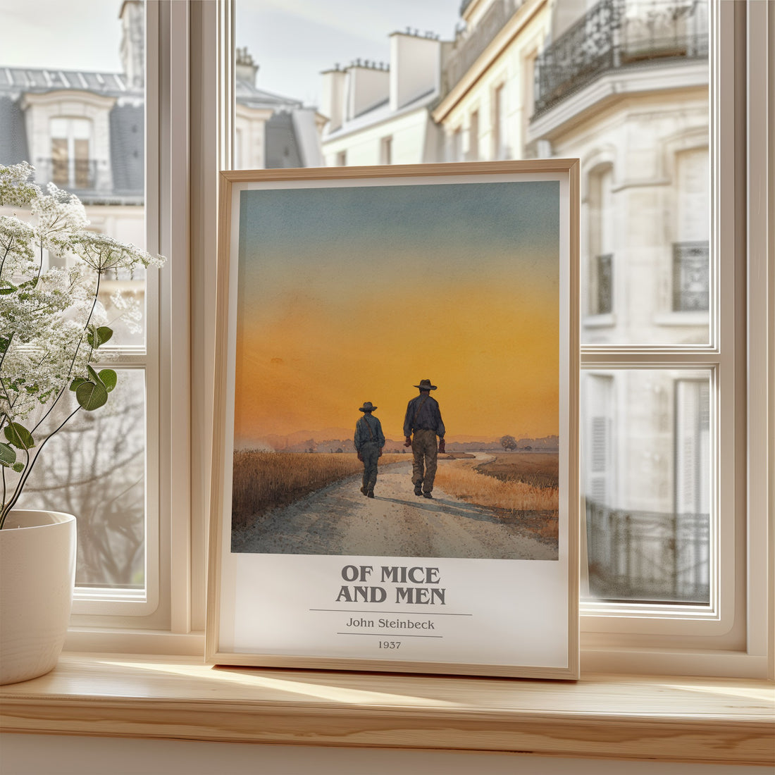 Of Mice and Men Book Cover Poster by John Steinbeck – framed print by a bright window