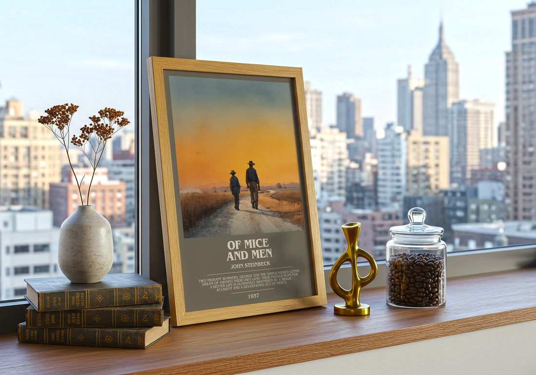 Of Mice and Men Bookish Wall Art by John Steinbeck – framed print on a city-view windowsill