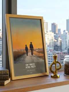 Of Mice and Men Book Cover Poster by John Steinbeck – framed print on a city-view windowsill
