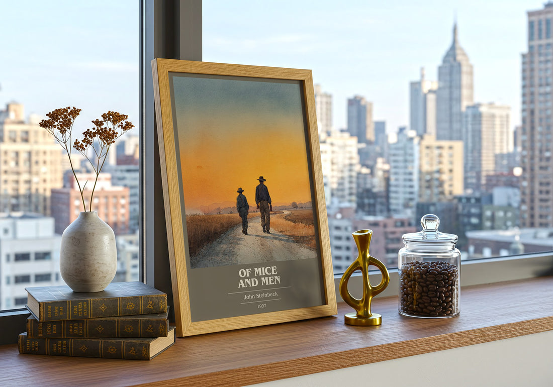 Of Mice and Men Book Cover Poster by John Steinbeck – framed print on a city-view windowsill