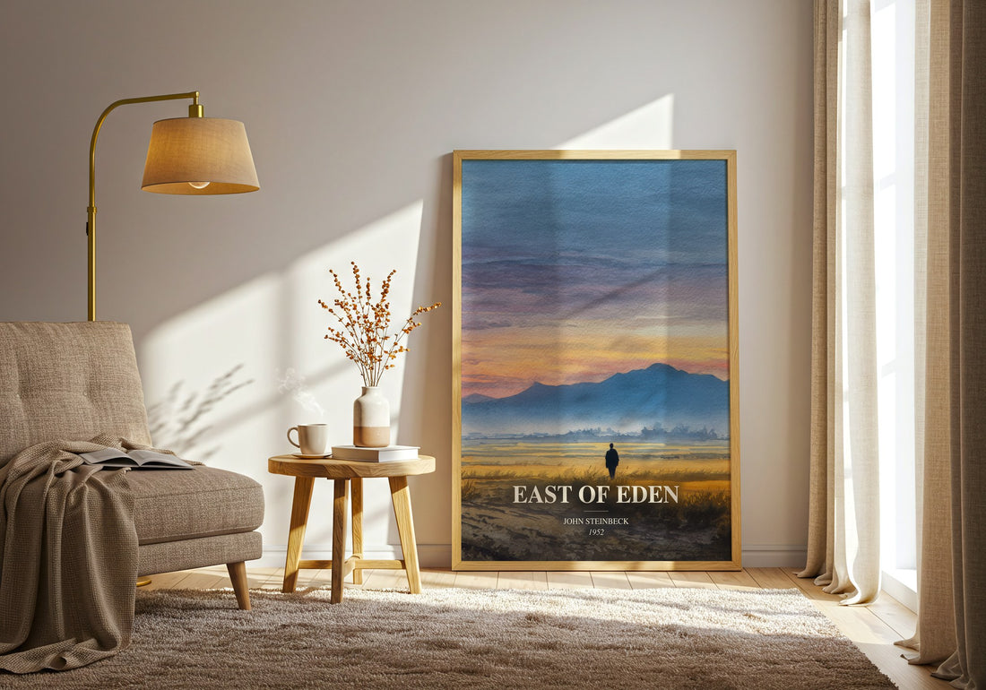 East Of Eden watercolour print in frame leaning in hallway – classic literature wall art (mockup)