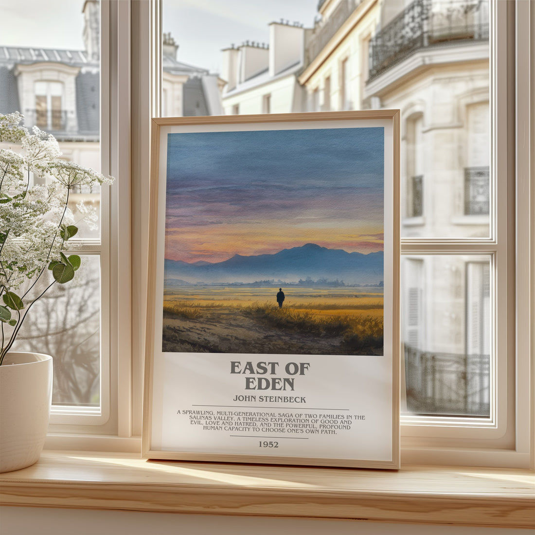 East of Eden Bookish Wall Art by John Steinbeck – framed print by a bright window