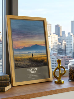 East of Eden Book Cover Poster by John Steinbeck – framed print on a city-view windowsill