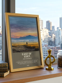 East of Eden Bookish Wall Art by John Steinbeck – framed print on a city-view windowsill