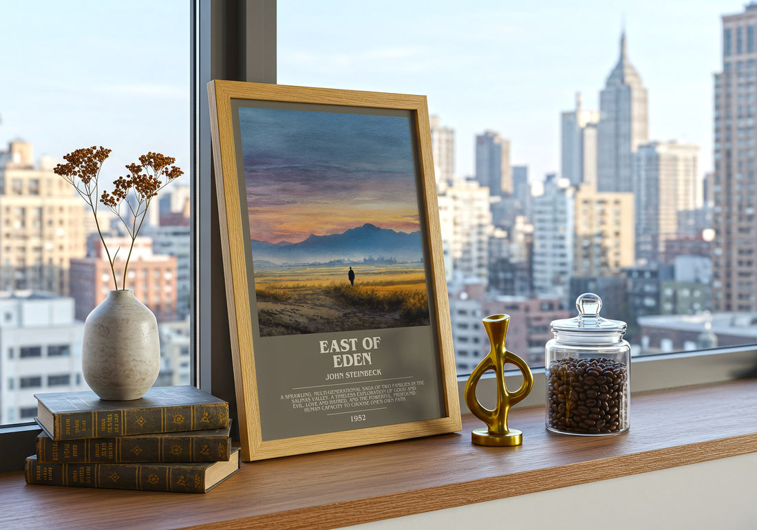 East of Eden Bookish Wall Art by John Steinbeck – framed print on a city-view windowsill