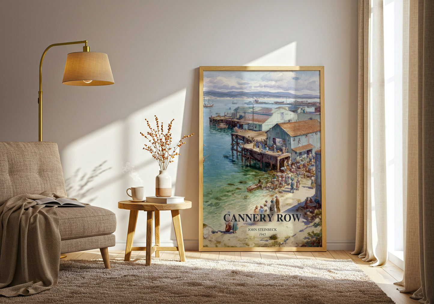 Cannery Row watercolour print in frame leaning in hallway – literary fiction wall art