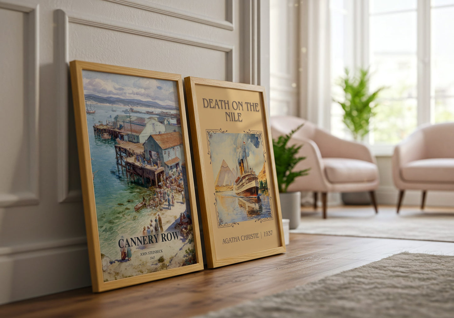 Cannery Row watercolour print framed by window – literary home decor