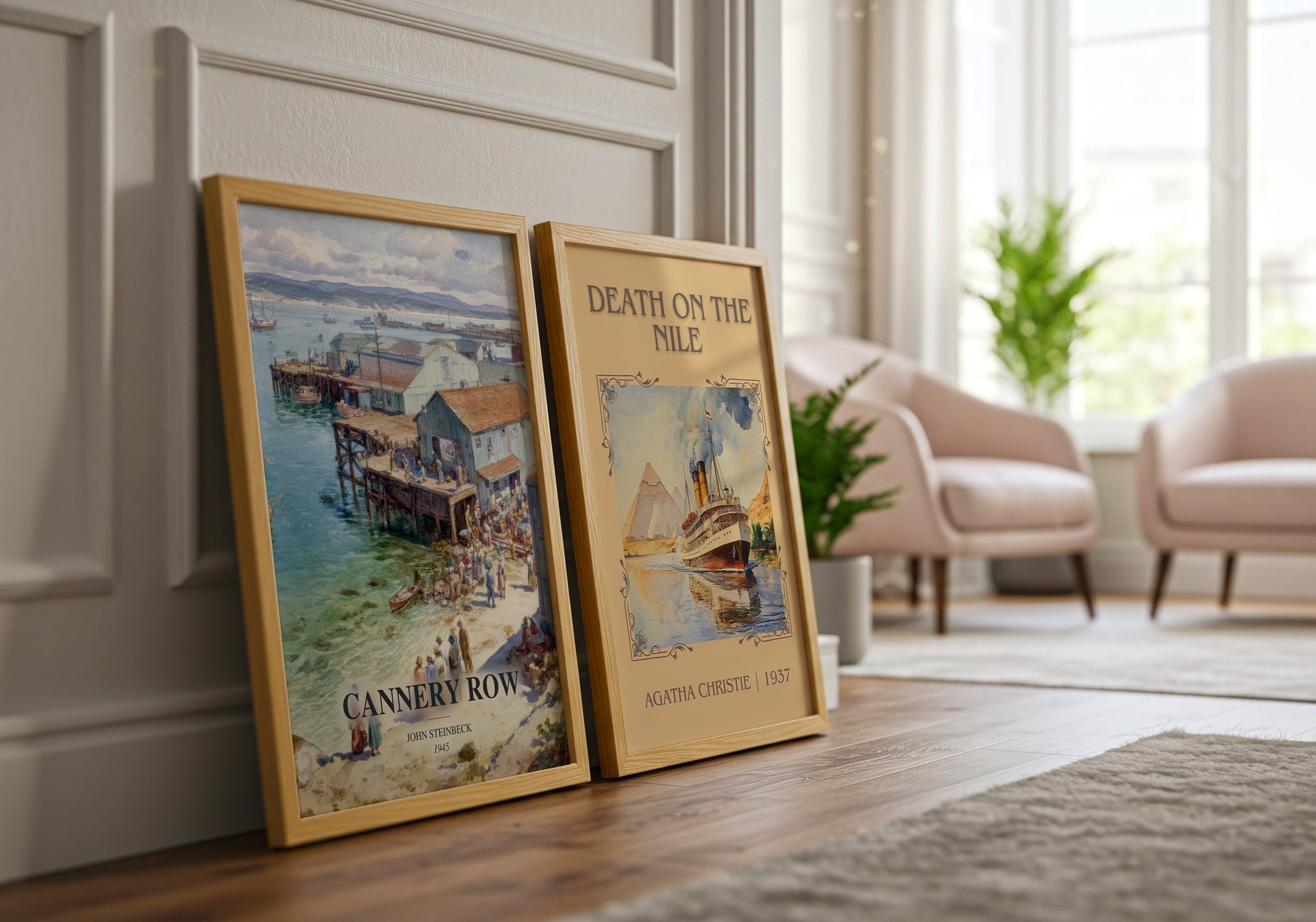 Cannery Row watercolour print framed by window – literary home decor