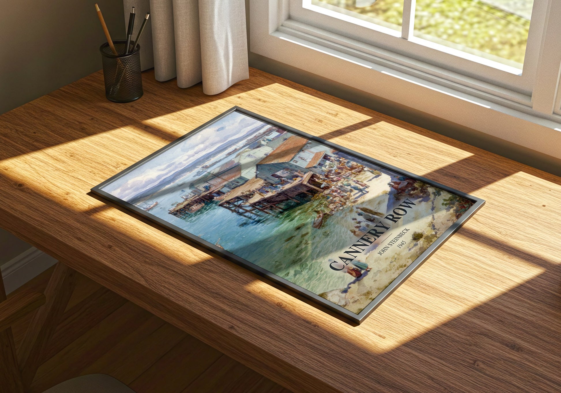 Cannery Row watercolour book poster framed on wall – literary fiction wall art