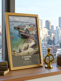Cannery Row Book Cover Poster by John Steinbeck – framed print on a city-view windowsill