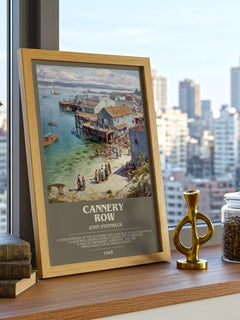 Cannery Row Bookish Wall Art by John Steinbeck – framed print on a city-view windowsill