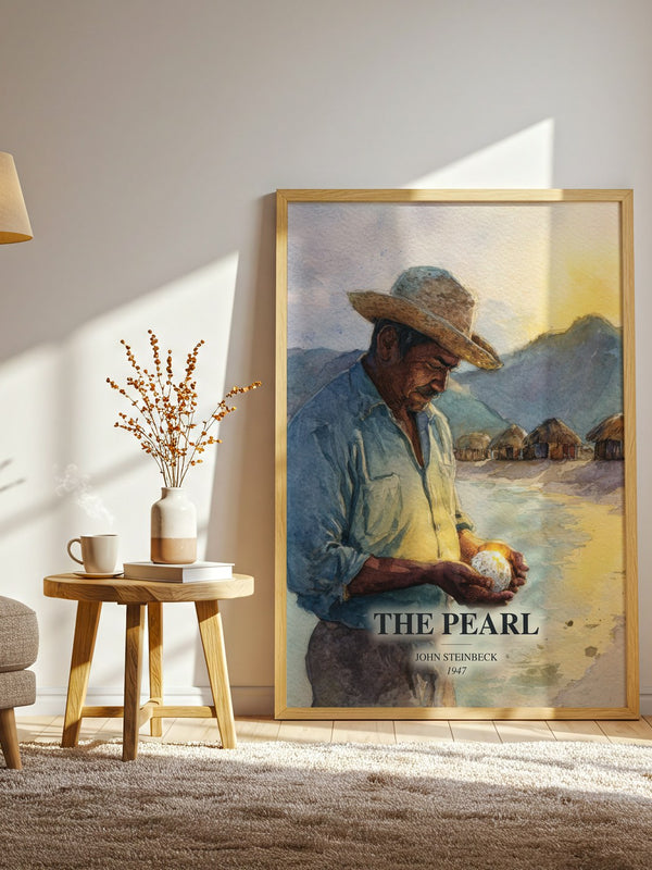 The Pearl watercolour print in frame leaning in hallway – literary fiction wall art