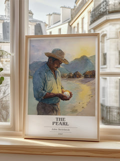The Pearl Book Cover Poster by John Steinbeck – framed print by a bright window