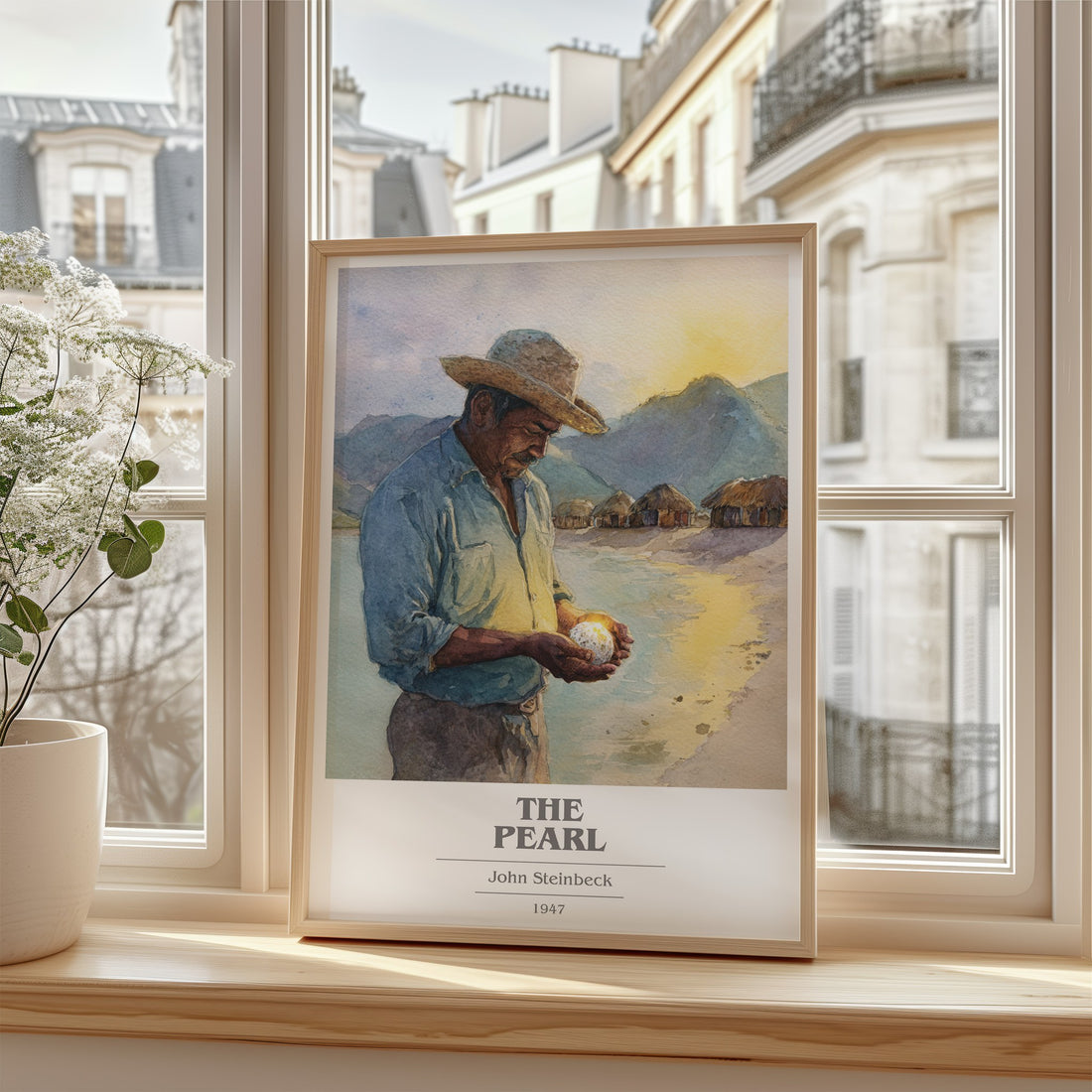 The Pearl Book Cover Poster by John Steinbeck – framed print by a bright window
