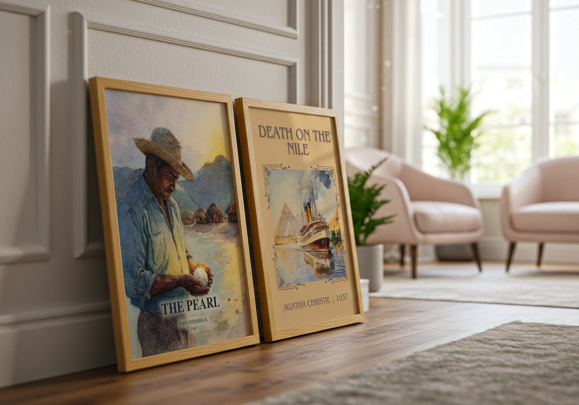 The Pearl watercolour print framed by window – literary home decor