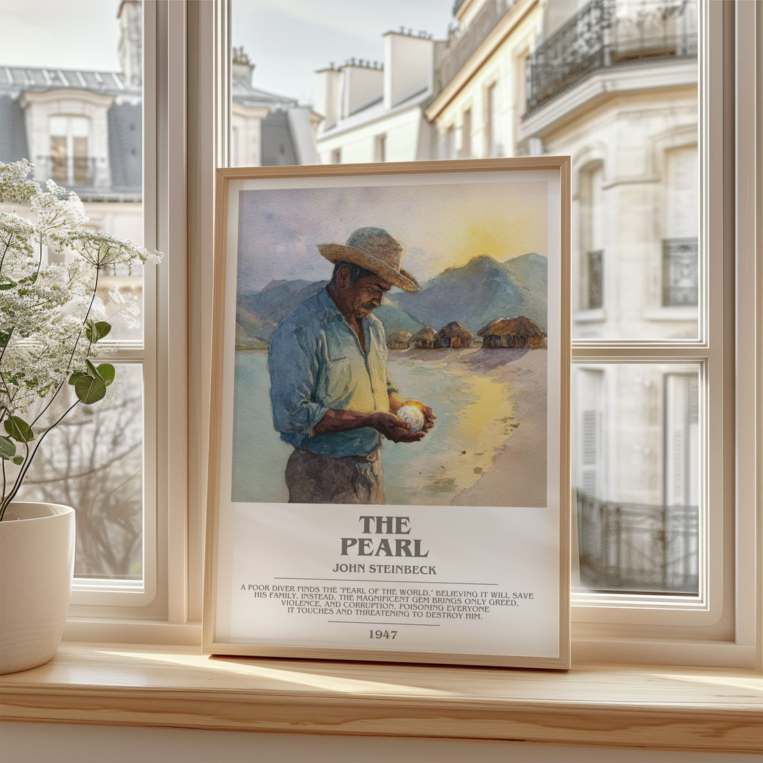 The Pearl Bookish Wall Art by John Steinbeck – framed print by a bright window
