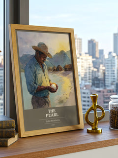 The Pearl Book Cover Poster by John Steinbeck – framed print on a city-view windowsill
