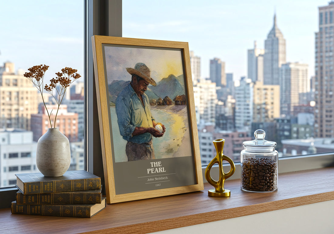 The Pearl Book Cover Poster by John Steinbeck – framed print on a city-view windowsill