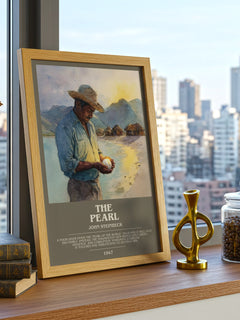 The Pearl Bookish Wall Art by John Steinbeck – framed print on a city-view windowsill