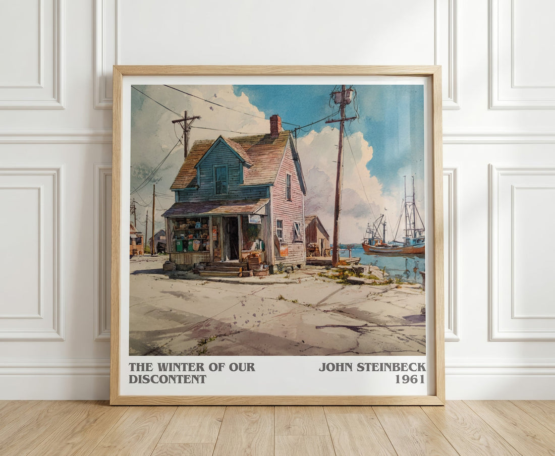 The Winter of Our Discontent literary print in frame leaning in hallway – classic literature wall art (mockup)
