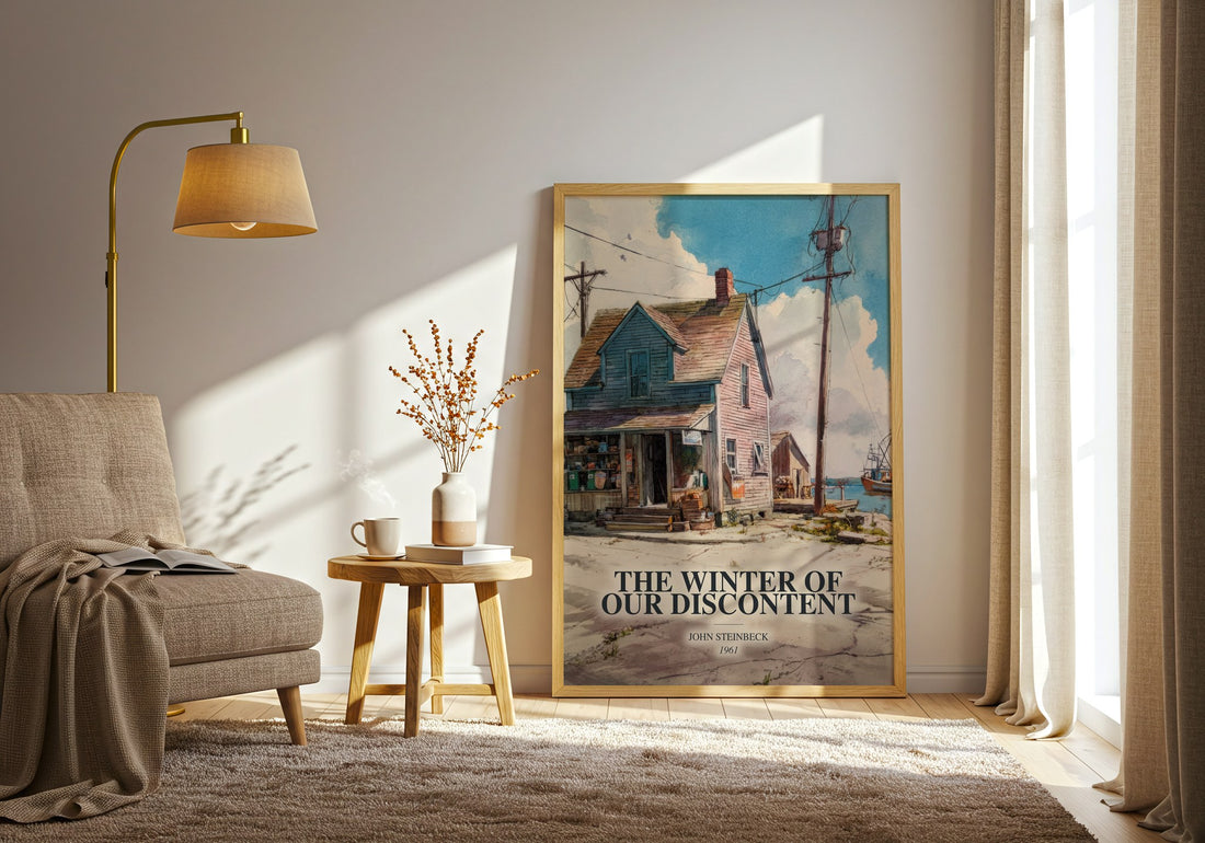 The Winter Of Our Discontent watercolour print in frame leaning in hallway – literary fiction wall art (mockup)