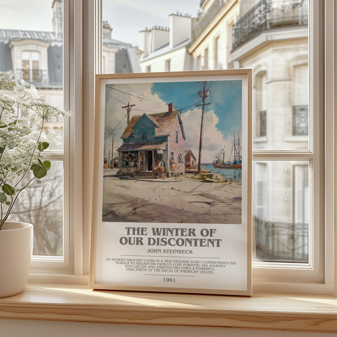 The Winter of Our Discontent Bookish Wall Art by John Steinbeck – framed print by a bright window