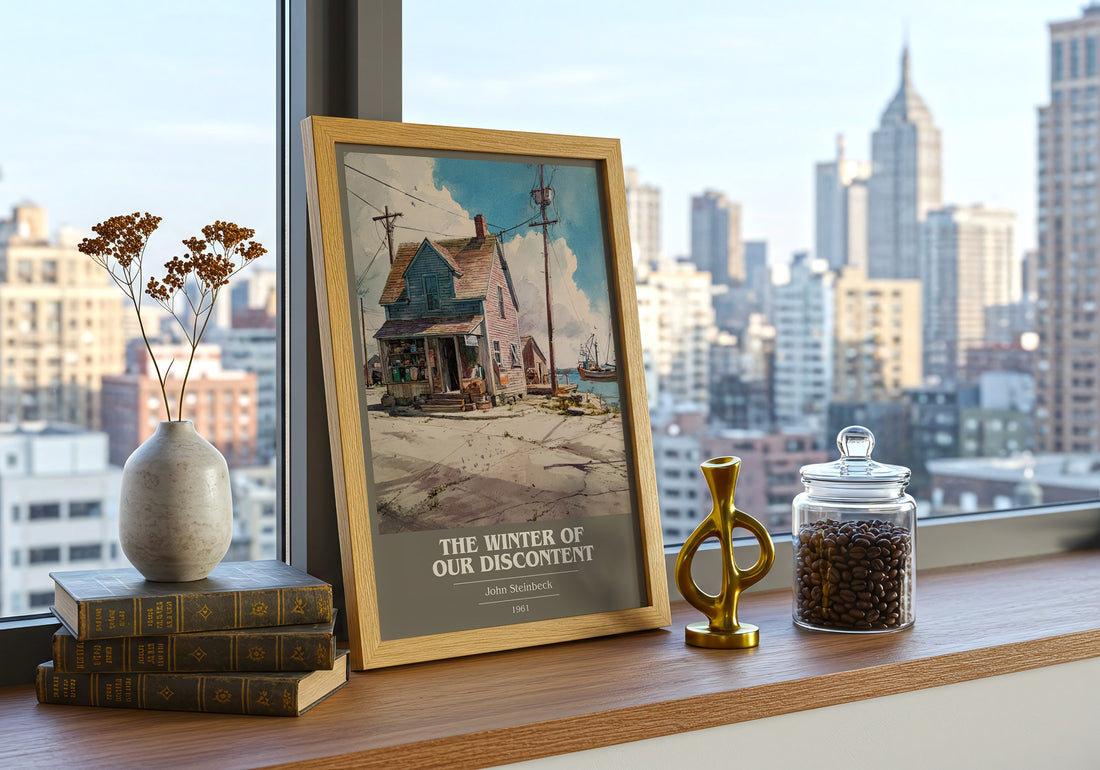 The Winter of Our Discontent Book Cover Poster by John Steinbeck – framed print on a city-view windowsill