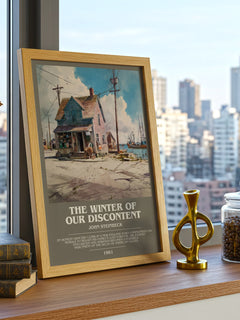 The Winter of Our Discontent Bookish Wall Art by John Steinbeck – framed print on a city-view windowsill