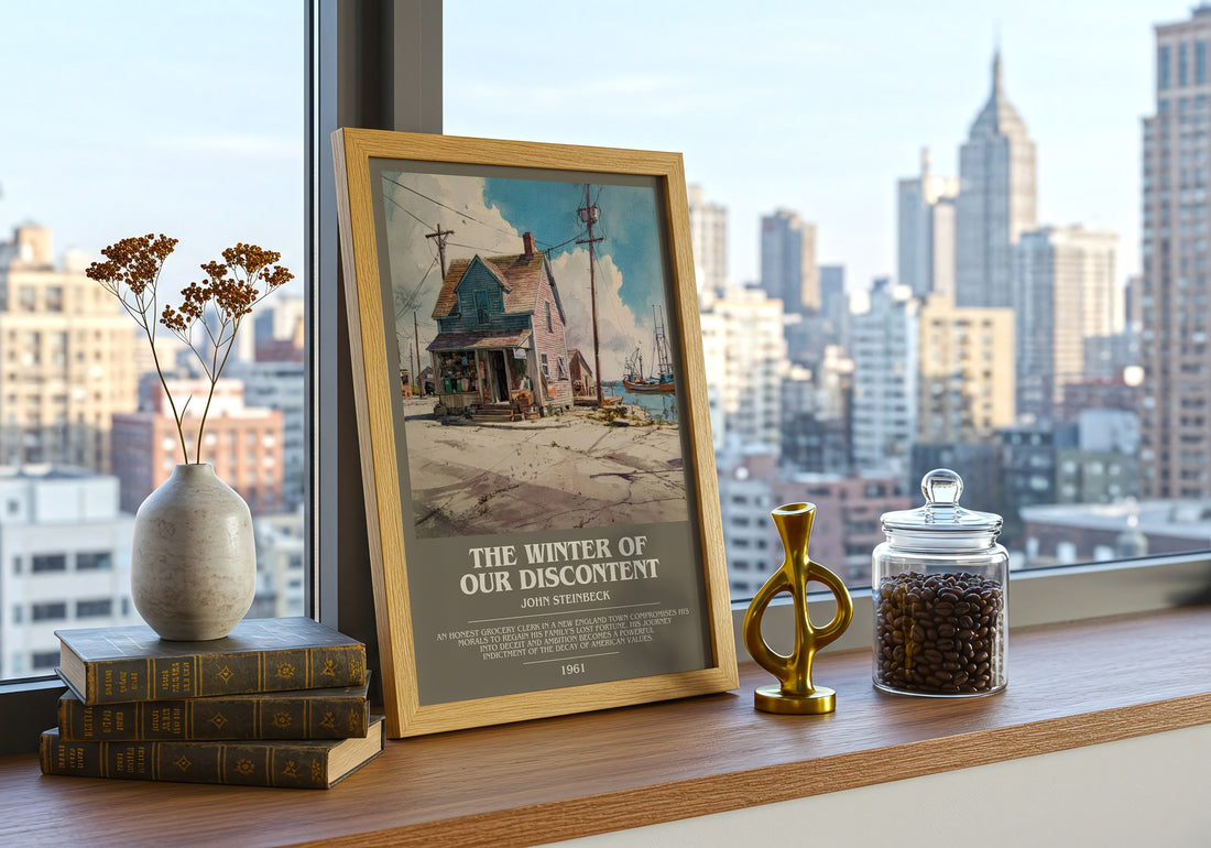 The Winter of Our Discontent Bookish Wall Art by John Steinbeck – framed print on a city-view windowsill
