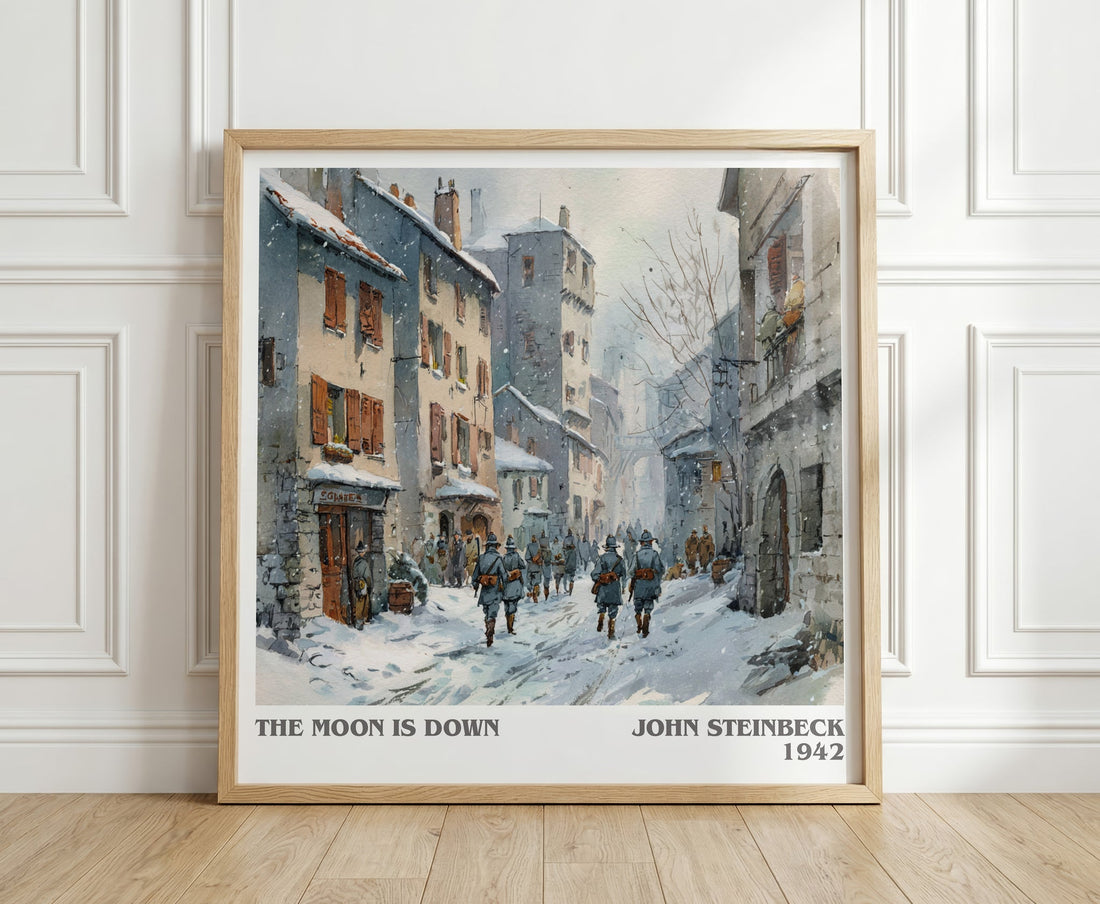 The Moon Is Down literary print in frame leaning in hallway – classic literature wall art (mockup)