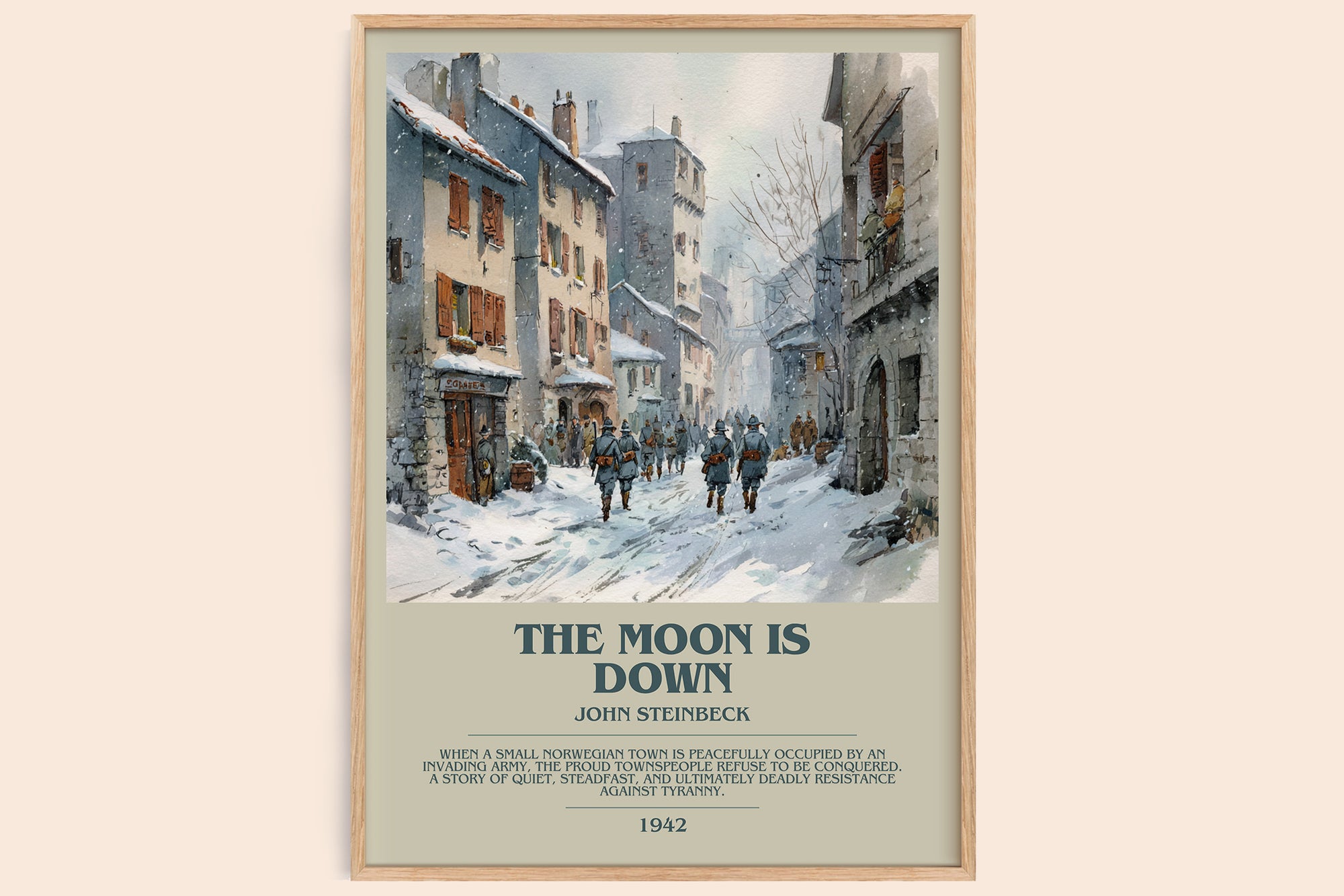 The Moon Is Down bookish book poster by John Steinbeck – framed literary art print