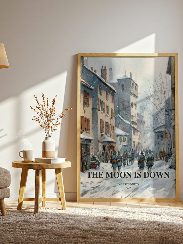 The Moon Is Down watercolour print in frame leaning in hallway – historical fiction wall art
