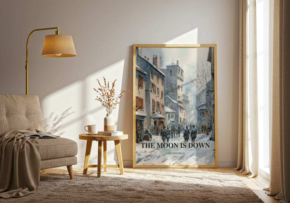 The Moon Is Down watercolour print in frame leaning in hallway – historical fiction wall art (mockup)